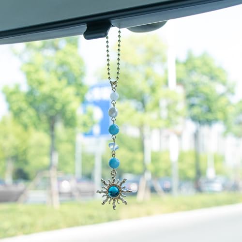 Sun Hanging Car Decor, Rear View Mirror Accessories, Cute Boho Car Accessories for Women, Handmade Charm, Natural Crystals Stones Ornament (Blue Stone) - color: Blue