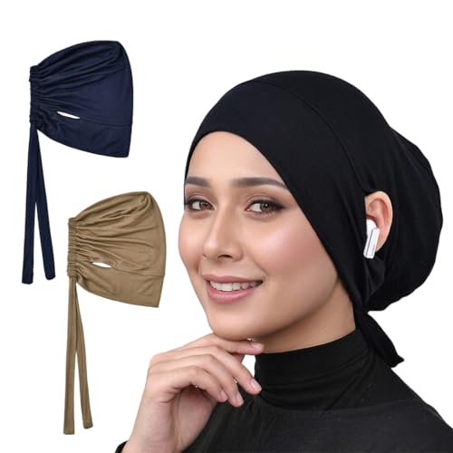 Jersey Hijab Undercap with Earhole, Slouchy Stretch Beanie Inner Caps, Breathable Under Scarf Liner Cap (1PC/3PC) - color: Black+navy+khaki