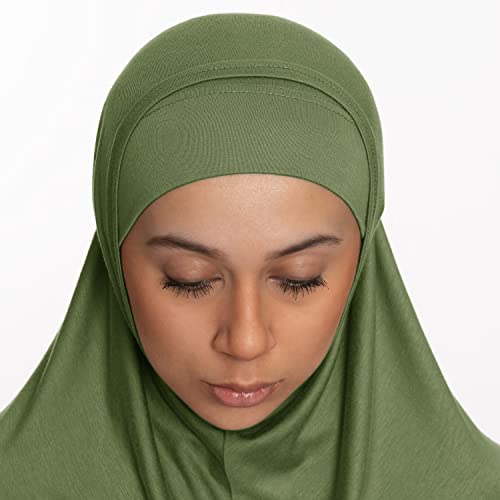 TheHijabStore.com Women's 2 Piece Amira Jersey Hijab - Soft Modal Stretch Head Scarf with Tube Under Scarf Cap - color: Olive Green