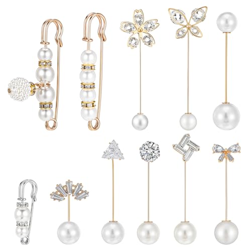 11 Pcs Pearl Brooch Pins, Rhinestone Pearls Safety Pin Brooch, Pearl Pin