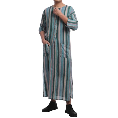 IWEMEK Muslim Thobe for Men Striped Kaftan Thobe with Pockets Saudi Arabic Robe Button up Dubai Abaya Caftan Ramadan Clothes - color: Green, size: Medium