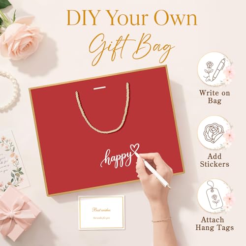 ANZNKU 2PCS Red Gift Bags for Women, Medium Gift Bags with Handles 4 Tissue Paper 2 Ribbons 2 Cards for Birthday Wedding Graduation Bridal & Baby Shower Engagement Presents Party Favors Wrapping - color: Crimson Red