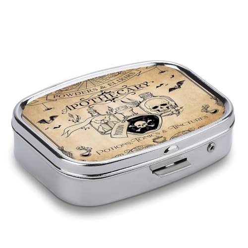 Metal 2 Compartment Pill Organizer Travel Friendly Portable Compact Pill Box Cute Pill Case to Hold Vitamins,Fish Oil,Supplements,Meds,Tablet for Purse,Pocket. (Bottles and Skeletons) - color: Bottles and Skeletons