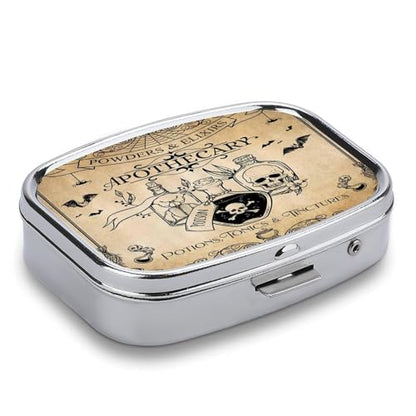 Metal 2 Compartment Pill Organizer Travel Friendly Portable Compact Pill Box Cute Pill Case to Hold Vitamins,Fish Oil,Supplements,Meds,Tablet for Purse,Pocket. (Bottles and Skeletons) - color: Bottles and Skeletons