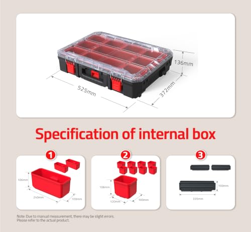 Tools Organizer, Small Parts Storage Toolbox, 20.7 * 14.7 * 5.4" Durable Hardware Box Storage, with Removable Inner Cups