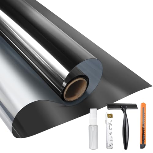 KESPEN One Way Window Privacy Film, Reflective Heat Sun Blocking Window Tint, See Out Not in(Light Outside Strong Than Inside) Window Films for Home Door,17.5 Inch X 78 Inch, Black-Silver - color: Black-sliver, size: 17.5 Inch X 6.5 Feet