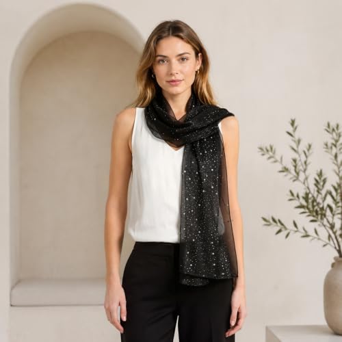 Sequin Scarf for Women Lightweight Mesh Shawl Wrap Bandana Hijab Headscarf for Summer Evening Dress - color: Black