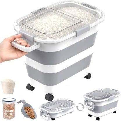 30 Lbs Rice Storage Container with Wheels, Collapsible Airtight Dog Food Storage Container with Transparent Lid, Measuring Cup, Scoop, Handle, BPA Free Rice Holder for Pet Food, Grain, Bird Seed - color: Grey/25-30lbs