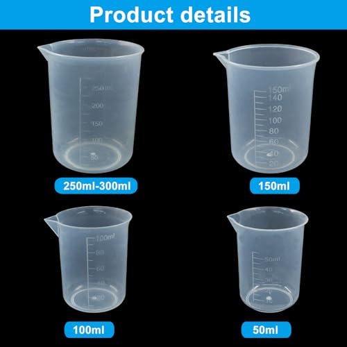 Waziaqoc 4 Pack Plastic Graduated Beaker, 50ml/100ml/150ml/300ml | Transparent PP, Measuring Cup, Mixing Cup, Kitchen Lab