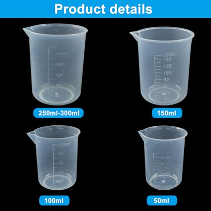 Waziaqoc 4 Pack Plastic Graduated Beaker, 50ml/100ml/150ml/300ml | Transparent PP, Measuring Cup, Mixing Cup, Kitchen Lab