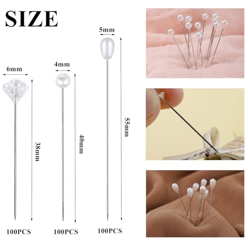 300 Pieces Bouquet Corsage Floral Pins 3 Styles Straight Boutonniere Pearl Diamond Pins Decoration for Flower, DIY Crafts, Sewing, and Wedding Bridal Accessories
