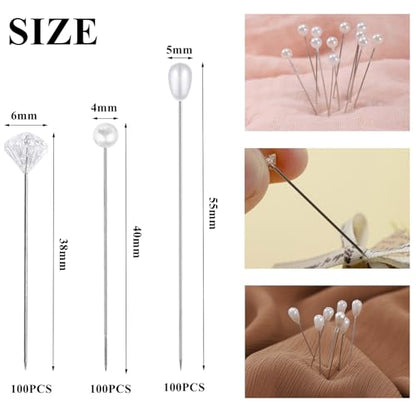 300 Pieces Bouquet Corsage Floral Pins 3 Styles Straight Boutonniere Pearl Diamond Pins Decoration for Flower, DIY Crafts, Sewing, and Wedding Bridal Accessories