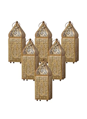 Serene Spaces Living Moroccan Lightweight Thin Gold Ornate Candle Lantern, Antique Gold Lantern, Decorative Candle Holders, Indian Wedding, Eid, Ramadan, 2.75" Diameter & 8.5" Tall, Pack of 6 - color: Gold Metal, size: Small