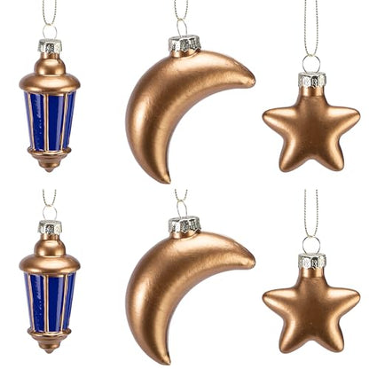 Watayo 6 Pcs Glass Eid Mubarak Lanterns Moon Star Ornaments, Hanging Ramadan Tree Ornaments, Islam Ramadan Kareem Moon Star Lantern Pendant Decorations for Islamic Muslim Festival Party Home Decor