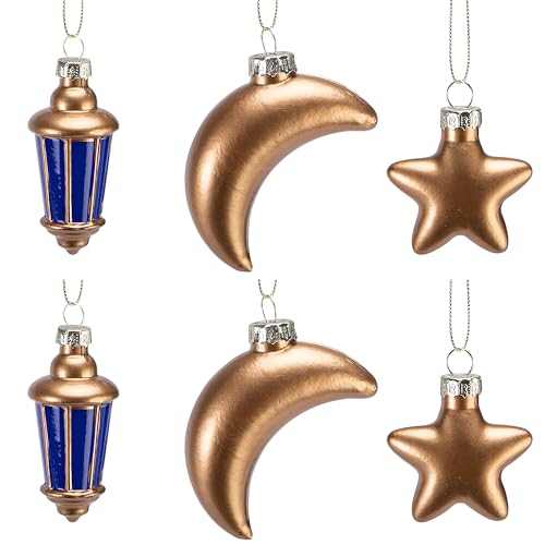 Watayo 6 Pcs Glass Eid Mubarak Lanterns Moon Star Ornaments, Hanging Ramadan Tree Ornaments, Islam Ramadan Kareem Moon Star Lantern Pendant Decorations for Islamic Muslim Festival Party Home Decor