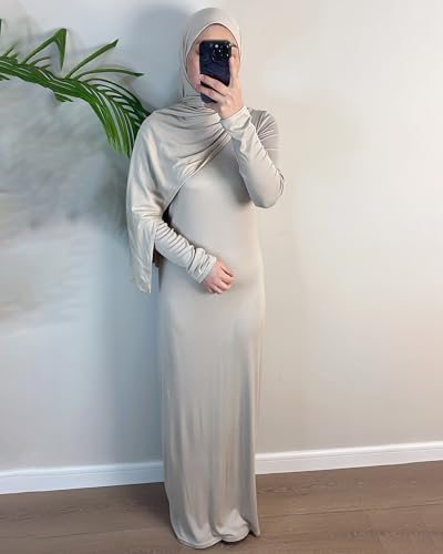 Modal Cotton Abaya Women Long Sleeve Prayer Dress Soft Stretch Islamic Clothes Elegant Robe For Eid, Ramadan, Umrah, Hajj - color: Light Grey, size: Medium-Large