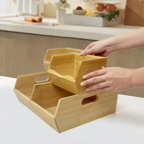 MinBoo Bamboo Stackable Pantry Storage Bins Potato and Onion Storage,Fruit Basket for Pantry Organization,Fruit Bowl for Kitchen Counter,Fruit and Vegetable Storage (Bamboo)
