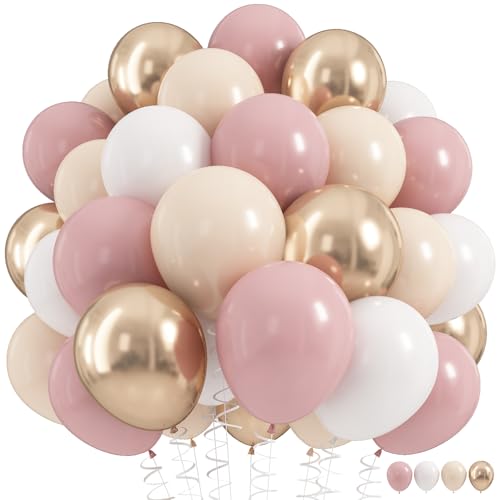 Dusty Pink Balloons, 60Pcs Pastel Pink and White Balloon Beige Sand White Champagne Gold Latex Neutral Balloons for Women Birthday Boho Wedding Bridal Shower Party Mothers Day Anniversary Decorations - color: Pink White Gold, size: 12 inch 60pcs