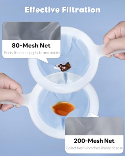 Pawfly Brine Shrimp Net Kit- 80 & 200 Mesh Sieve for Hatchery, Fine Artemia with 2 Pipettes and 5 Storage Tubes, Dense Mesh Collecting Net with Handle