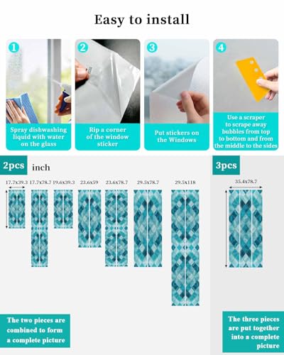 Window Privacy Film Teal Blue Diamond Window Clings for Glass Windows Modern Geometric Lines Windows Film Static Cling Frosted Windows Sticker Covering for Bathroom Living Room Office 23.6"x59" - size: 23.6"x59"