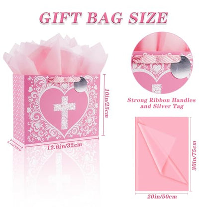 JWSCYSY 12.6" Large Pink Gift Bag with Metallic Silver Floral Cross Design, Card and Tissue Paper for Baby Girl Baptisms, Christenings, First Communions Religious - color: Pink 12.6"