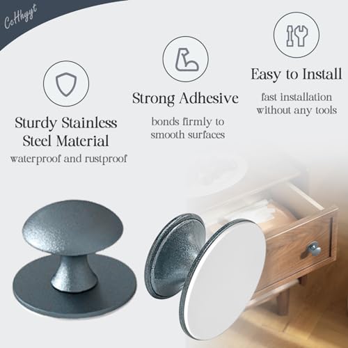 Adhesive Cabinet Knobs 4pcs Blue Self-Stick Knobs Drill Free Dresser Drawer Pulls Stainless Steel Stick On Handles for Medicine Cabinets Drawer Cupboards Glass Sliding Door Terrarium Lid - color: Blue