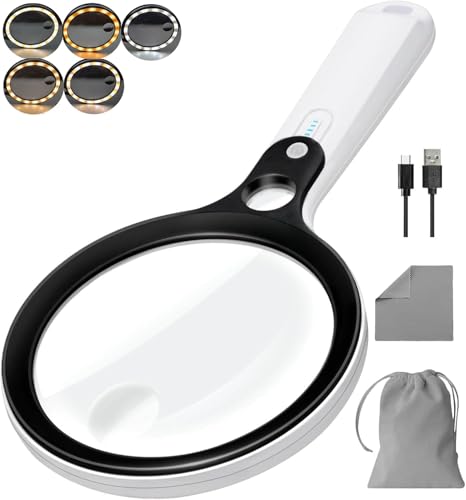 10X 20X 45X Magnifying Glass with 48 LED Light | Handheld Illuminated Lighted Magnifier with 5 Light Modes Rechargeable Magnifying Glass for Seniors Reading Inspection - color: White Handle