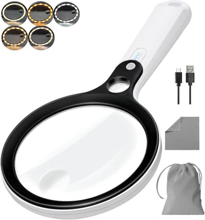 10X 20X 45X Magnifying Glass with 48 LED Light | Handheld Illuminated Lighted Magnifier with 5 Light Modes Rechargeable Magnifying Glass for Seniors Reading Inspection - color: White Handle