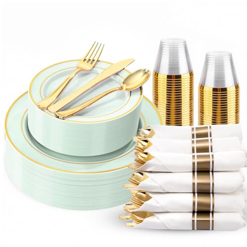 WDF Partyware 175PCS Sage Green Plastic Plates - Heavy Duty Green Plates Disposable - 25Guests Plastic Dinnerware with Rolled Napkins for Birthday/Baby Shower - color: Sage Green, size: 175PCS