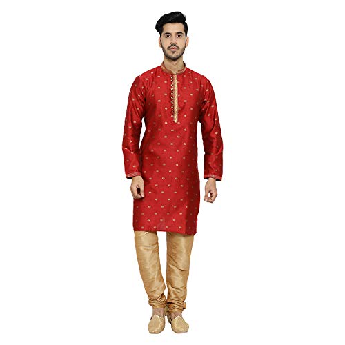 Pro-Ethic Style Developer Men's Silk Printed Kurta Set - color: Red, size: Large