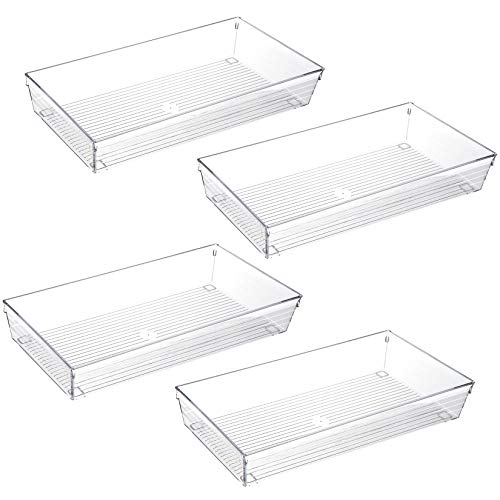 4 Pack 12"x 6" Large Size Clear Plastic Desk Drawer Organizer Tray Bathroom Office Kitchen Utensils Silverware Gadgets Dividers Desk Drawer Storage Bins Container for Dresser Cosmetic Makeup - size: 12 in x 6 in x 2 in
