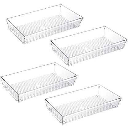4 Pack 12"x 6" Large Size Clear Plastic Desk Drawer Organizer Tray Bathroom Office Kitchen Utensils Silverware Gadgets Dividers Desk Drawer Storage Bins Container for Dresser Cosmetic Makeup - size: 12 in x 6 in x 2 in