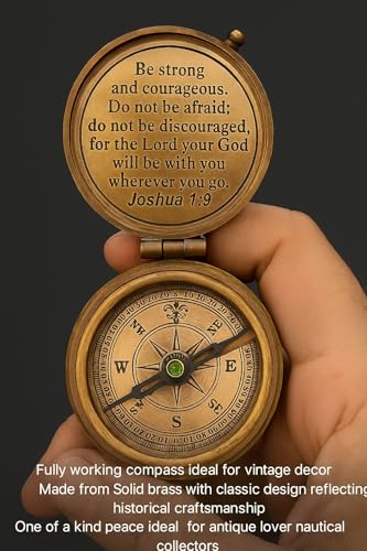 Be Strong and Courageous Engraved Compass | Brass Pocket Compass with Leather Case | Inspirational Gift for Son, Baptism, Graduation, Christian Gift for Men, Confirmation Present