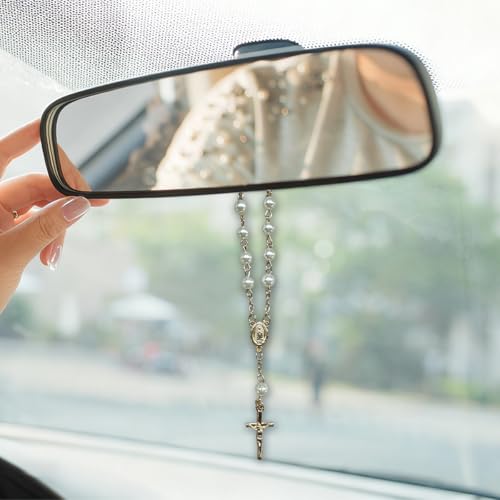 Cross Car Charm, Rosary Automotive Hanging Pendant, Blessing Vehicle Hanging Ornament, Personality Car Interior Decoration Accessories for Women, Men(Gold) - color: Gold