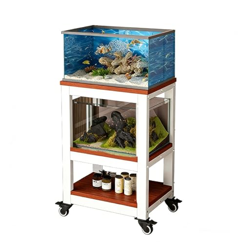 3-Tier Rolling Aquarium Stand with Enclosed Display Shelf & Storage - Heavy-Duty Fish Tank Holder for Small/Medium Tanks Mobile Cart with Lockable Wheels for Home, Office, or Hobby Rooms(Teak,71x50x103cm/28x20x41") - color: Teak, size: 71x50x103cm/28x20x4