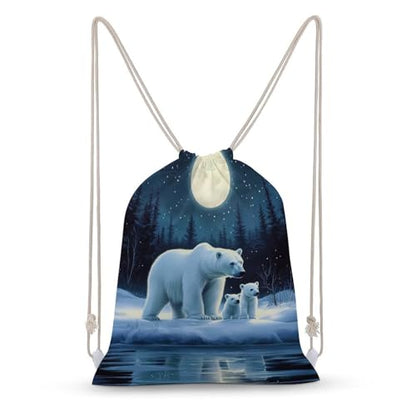 Winter Night Scene Polar Bears Drawstring Backpack Canvas String Bag Lightweight Sports Gym Bag for Men Women - color: Color-1
