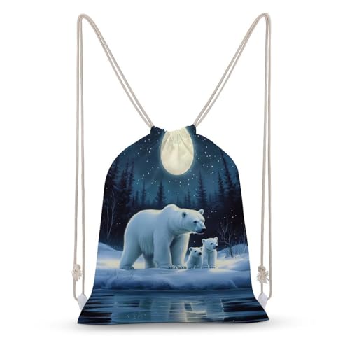 Winter Night Scene Polar Bears Drawstring Backpack Canvas String Bag Lightweight Sports Gym Bag for Men Women - color: Color-1
