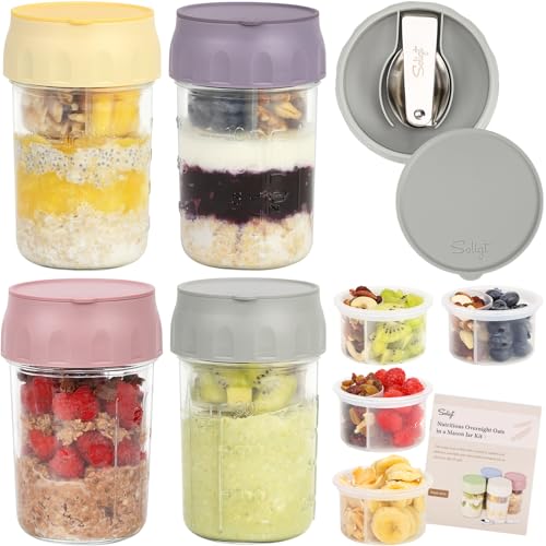 SOLIGT 4 Pack Overnight Oats Containers with Lids, Folding Spoons and Divided Compartments for Fruit & Nuts, Small Glass 16oz Mason Jars for Oatmeal Yogurt Parfait - color: 4 Set-Smoke Gray/Wisteria Purple/Rose Pink/Egg Yellow