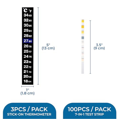 SunGrow Test Kit for Aquarium, Accurate Water Quality Monitoring, Essential Tool for Fish Keepers and Tank Maintenance, 1 Bottle with 100 Strips & 3-Piece Sticker Thermometer, 1 Set Per Pack - size: 100 Strips + 3 Thermometers