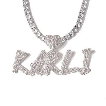 Lulu Mel Iced Out Personalized Cursive Name Necklace For Trendy Women, Custom Handmade Nameplate Pendant With Cuban Link Chain, White Gold Plated Hip Hop CZ Diamond Jewelry Gifts - color: Silver/Heart Hook