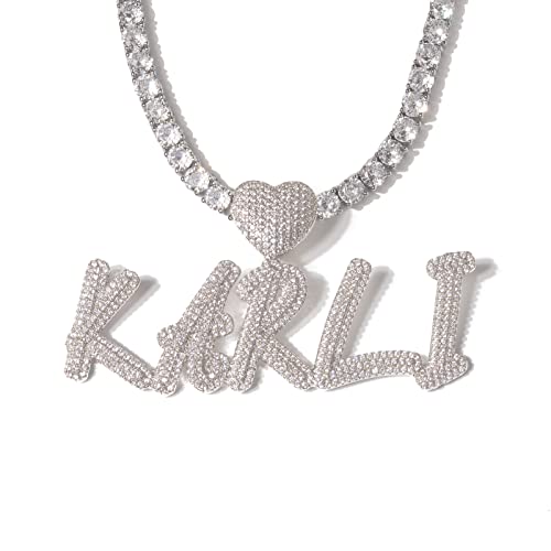 Lulu Mel Iced Out Personalized Cursive Name Necklace For Trendy Women, Custom Handmade Nameplate Pendant With Cuban Link Chain, White Gold Plated Hip Hop CZ Diamond Jewelry Gifts - color: Silver/Heart Hook