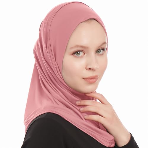 Plain Ready To Wear Amira Hijab for Women - Muslim Instant Amira Jersey Scarf – Soft Muslim One Piece Instant Hijab Headscarf - color: Soft Pink