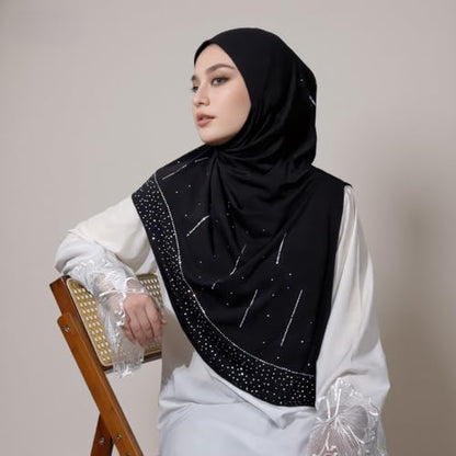 Ready To Wear Instant Hijab for Women Girls Muslim Slip-On Khimar Hijab Scarf Rhinestone Hijabs Islamic Abaya Turban - color: Black