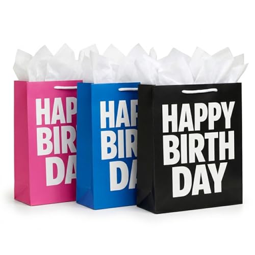 Birthday Gift Bag with Tissue Paper – Medium/Large Color Gift Bag with Handles (Pink, Blue, or Black) – Premium Paper Gift Bag for Birthday Gifts, Party Supplies, Gift Wrapping Alternative (3 COLORS) - color: 3 Birthday Colors