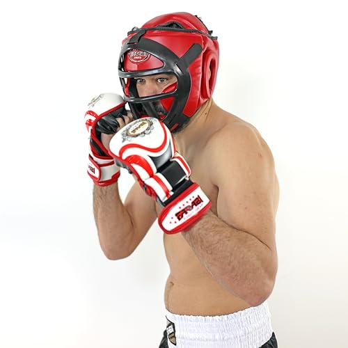 Farabi Sports Boxing Headgear Grill Head Gear MMA Training Kickboxing Sparring Gear Removable Front Bar Grill - color: Red, size: Medium