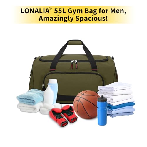 55L Large Sports Duffle Bag for Men, 22 Inch, Olive Green | Heavy Duty, Gym Duffel Bag, Multi Pockets, Spacious - color: Olive Green