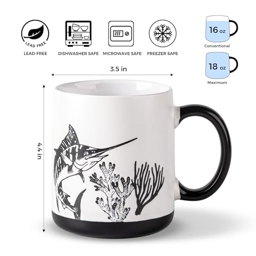 AmorArc Large Coffee Mugs Set of 6, 18oz Ceramic Coffee Cups with Sea Life Textured Patterns for Tea Latte Cocoa. Easy to Hold&Clean, Dishwasher&Microwave Safe, Matte - color: Matte White-Black Pattern