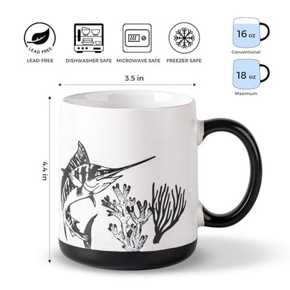 AmorArc Large Coffee Mugs Set of 6, 18oz Ceramic Coffee Cups with Sea Life Textured Patterns for Tea Latte Cocoa. Easy to Hold&Clean, Dishwasher&Microwave Safe, Matte - color: Matte White-Black Pattern