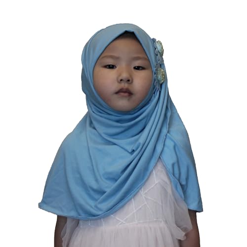 Soft Instant Hijab for Kids Girls Muslim Headscarf Islamic Scarf Shawl Wrap with Flowers - color: Sky Blue-2 Flowers