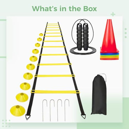 6 Meters 12 Rung Speed Ladder, 19.7 Ft Agility Training Set, with Carry Bag and 10 Soccer Cones, Agility, Speed, Coordination Drills, Soccer Training Equipment